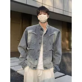 Мужская повседневная потертая джинсовая куртка, уличная одежда, рваный воротник-стойка, текстура, ретро, с длинным рукавом, большие размеры XXXL чёрный