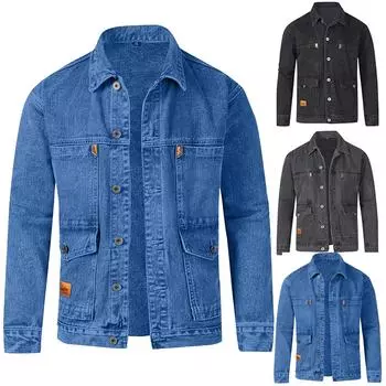 Мужская повседневная рабочая одежда, джинсовая куртка с длинными рукавами и лацканами, свободная джинсовая куртка с несколькими карманами L чёрный