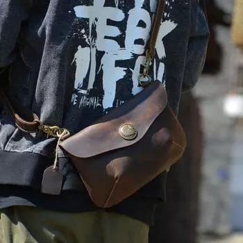 Мужская повседневная ретро сумка на одно плечо для телефона из кожи Crazy Horse Crazy Horse Leather Dark Brown