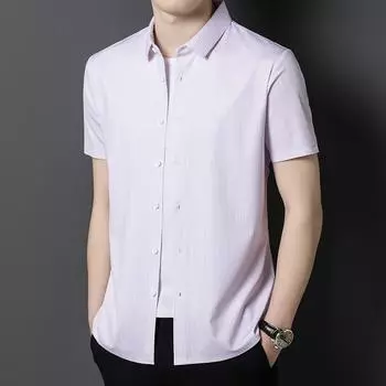 Мужская повседневная рубашка из шелкового шелка с короткими рукавами, летняя модная дышащая деловая мужская полосатая рубашка M