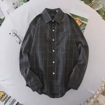 Мужская повседневная рубашка-куртка в корейском стиле с длинными рукавами в клетку - весна/лето 2023 г. серый