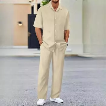 Мужская повседневная рубашка на пуговицах для поездок на работу, свободный пляжный костюм, однотонные полосатые брюки с короткими рукавами, комплект из двух предметов XXXL белый