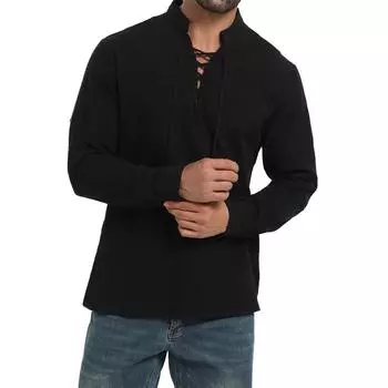 Мужская повседневная рубашка на шнуровке, летний пляжный стиль, смесь хлопка и льна, V-образный вырез, топы на кулиске, повседневная, универсальная, практичная S чёрный