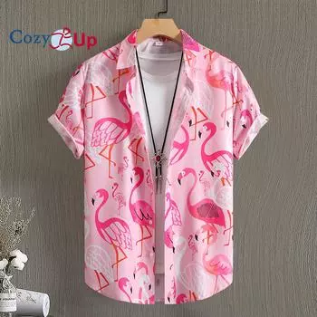 Мужская повседневная рубашка Розово-белая летняя рубашка с фламинго Мужская гавайская рубашка с короткими рукавами S розовый