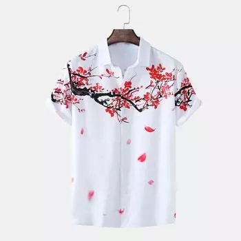 Мужская повседневная рубашка с цветком сливы и тушью, пляжная рубашка с отложным воротником и короткими рукавами, кардиган S