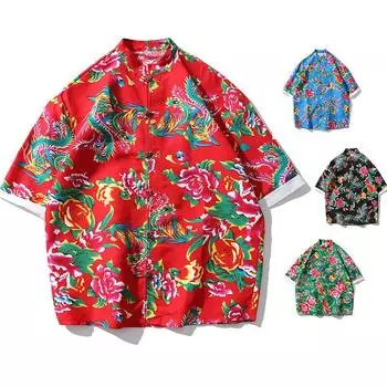 Мужская повседневная рубашка с цветочным принтом в китайском стиле, северо-восточная мужская и женская одежда с цветочным принтом M чёрный