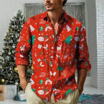 Мужская повседневная рубашка с длинным рукавом и принтом на лацканах S красный