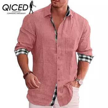 Мужская повседневная рубашка с длинным рукавом из хлопка и льна на осень S белый