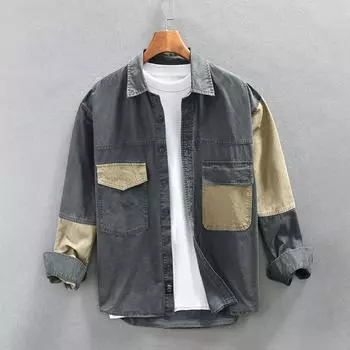 Мужская повседневная рубашка с длинным рукавом из промытого хлопка с нашивкой на рукаве, ретро-тренд, молодежное тонкое пальто XXXXL зелёный