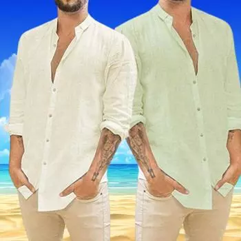 Мужская повседневная рубашка с длинным рукавом, уличная одежда, однотонная рубашка из хлопка и льна с лацканами, винтажная блузка для отпуска S белый