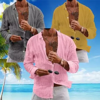 Мужская повседневная рубашка с длинным рукавом в пляжном стиле для отдыха, модная однотонная свободная хлопковая льняная дышащая рубашка с лацканами, мужские повседневные блузки S светло-серый