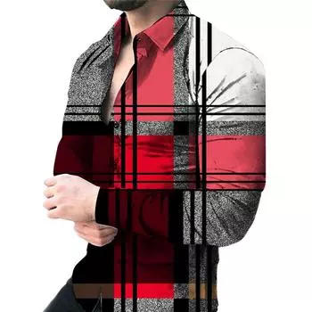 Мужская повседневная рубашка с длинными рукавами и слегка эластичным 3D-принтом в клетку и полоску S красный