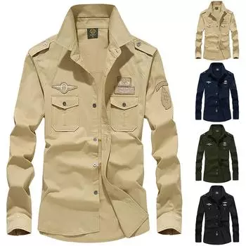Мужская повседневная рубашка с длинными рукавами и карманами в стиле милитари с вышивкой, топы XXXL