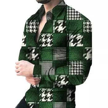 Мужская повседневная рубашка с длинными рукавами и 3D клетчатым принтом S темно-синий