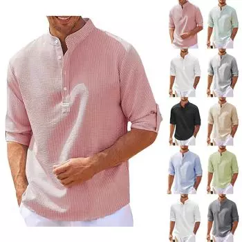 Мужская повседневная рубашка с длинными рукавами и воротником-стойкой на пуговицах L розовый