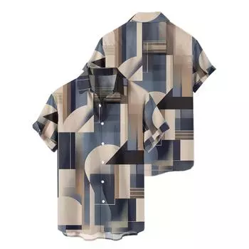 Мужская повседневная рубашка с геометрическим принтом - хип-хоп уличный стиль свободный короткий рукав лето/осень мода S