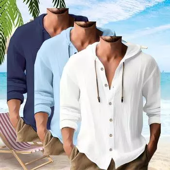 Мужская повседневная рубашка с капюшоном на пуговицах, мужская футболка с капюшоном, однотонный хлопок, лен, мужской повседневный топ с длинными рукавами S хаки