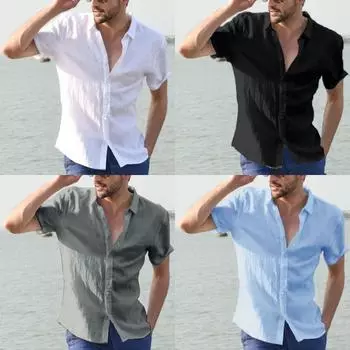 Мужская повседневная рубашка с коротким рукавом, уличная одежда, однотонная хлопковая льняная рубашка с лацканами и пуговицами для мужчин, винтажная блузка для отпуска 3XL белый