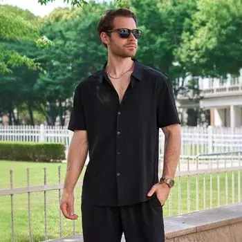Мужская повседневная рубашка с короткими рукавами и модный мужской топ L чёрный