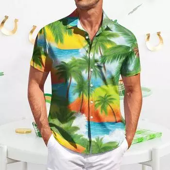 Мужская повседневная рубашка с короткими рукавами, облегающая, стильная, с гавайским принтом L армия зеленый