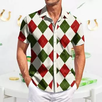 Мужская повседневная рубашка с короткими рукавами, приталенная, модная, с принтом в клетку L бежевый