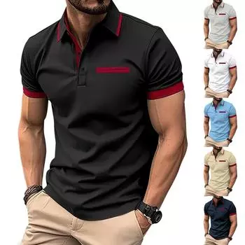 Мужская повседневная рубашка с ложным нагрудным карманом, пуговицами на лацканах, деловая футболка, топ с цветными блоками для мужчин L бежевый