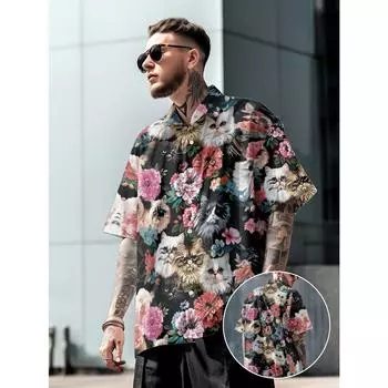 Мужская повседневная рубашка с милым принтом кота, короткими рукавами, на пуговицах, повседневная, нейтральная тенденция S