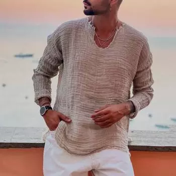 Мужская повседневная рубашка с V-образным вырезом и длинным рукавом, плиссированная однотонная рубашка свободного покроя M светло-серый