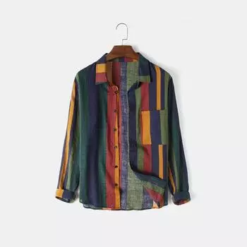 Мужская повседневная рубашка в красочную полоску с длинными рукавами и отложным воротником M