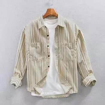 Мужская повседневная рубашка в полоску с длинным рукавом Z221 XL абрикосовый