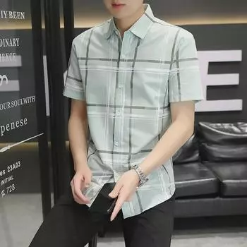 Мужская повседневная рубашка в полоску с коротким рукавом в корейском стиле M