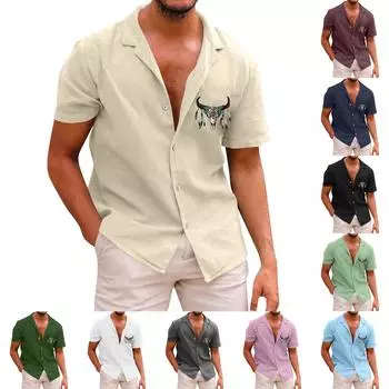 Мужская повседневная рубашка в стиле бохо с короткими рукавами и однобортным лацканом L синий