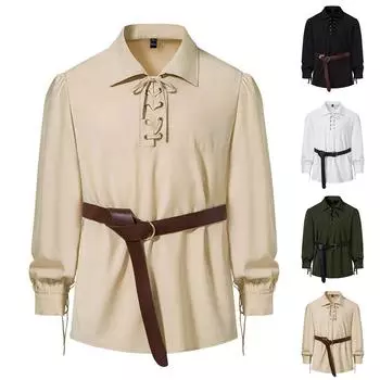 Мужская повседневная рубашка в стиле хиппи с кружевными лацканами и длинными рукавами. Мужская модная рубашка с длинным рукавом. L