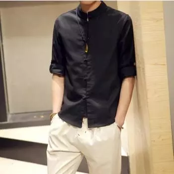 Мужская повседневная рубашка в винтажном стиле с рукавом три четверти M павлин голубой