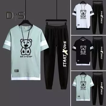 Мужская повседневная спортивная одежда из 2 шт./компл., футболка с коротким рукавом и рисунком медведя, спортивные штаны с эластичной резинкой на талии, комплект свободной спортивной одежды 2XL чёрный