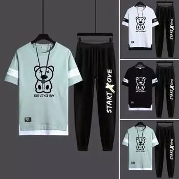 Мужская повседневная спортивная одежда из 2 шт./компл., футболка с коротким рукавом и рисунком медведя, спортивные штаны с эластичной резинкой на талии, комплект свободной спортивной одежды 2XL чёрный