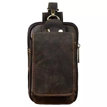 Мужская повседневная сумка из натуральной кожи, маленькая поясная сумка из воловьей кожи, модная поясная сумка с крючком, поясная сумка, 6 дюймов, чехол для телефона темно-коричневого