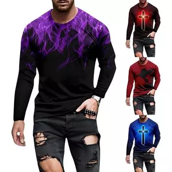 Мужская повседневная свободная футболка с длинными рукавами и круглым вырезом с принтом, рубашка, туника, топы, блузка M фиолетовый