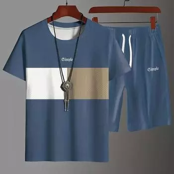 Мужская повседневная свободная футболка с круглым вырезом, короткими рукавами и геометрическим принтом, а также шорты на шнурке для мужчин. S