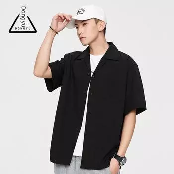 Мужская повседневная свободная однотонная рубашка Dongyu с коротким рукавом и лацканами для весны и лета