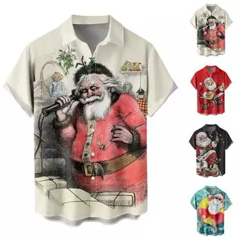 Мужская повседневная свободная рубашка на пуговицах в гавайском стиле с рождественским принтом и короткими рукавами, топ XXXXL белый