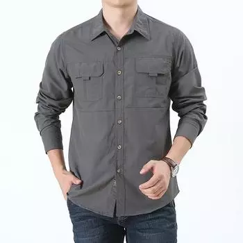 Мужская повседневная свободная рубашка с длинным рукавом, весна-осень, хлопковые однотонные молодежные рубашки с карманами большого размера, зеленый, серый мужской весенний топ M армия зеленый