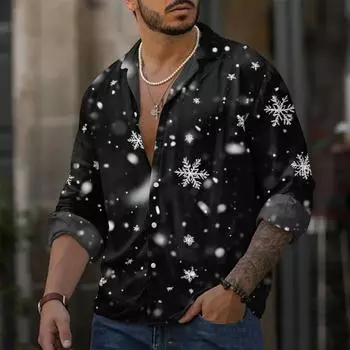 Мужская повседневная свободная рубашка с длинными рукавами, модная рубашка с лацканами, топ L чёрный