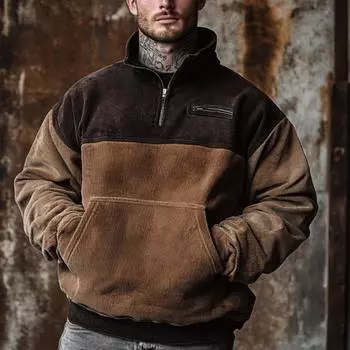 Мужская повседневная толстовка на молнии в стиле ретро из вельвета с цветными блоками XL кофейный