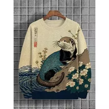 Мужская повседневная толстовка с цветочным принтом и японским принтом «Выдра» в стиле «вода» в стиле «самурай» в стиле «хип-хоп» для пар в стиле «харадзюку» S