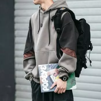 Мужская повседневная толстовка с капюшоном в стиле колор-блок с принтом на весну и осень 2XL чёрный