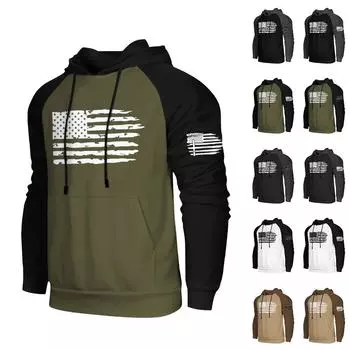 Мужская повседневная толстовка с капюшоном, завязками, длинными рукавами, принтом флага и карманами L армия зеленый