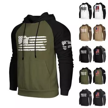 Мужская повседневная толстовка с капюшоном, завязками, длинными рукавами, принтом флага и карманами L армия зеленый