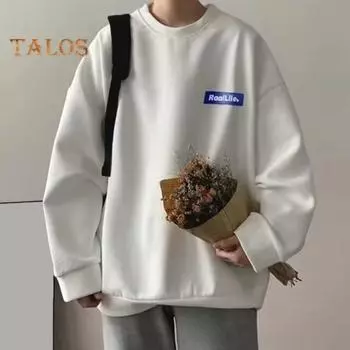 Мужская повседневная толстовка с круглым вырезом и надписью «Tag Decor», однотонный свободный спортивный топ в уличном стиле с вафельной текстурой, длинные рукава, школьный рабочий топ XXL серый