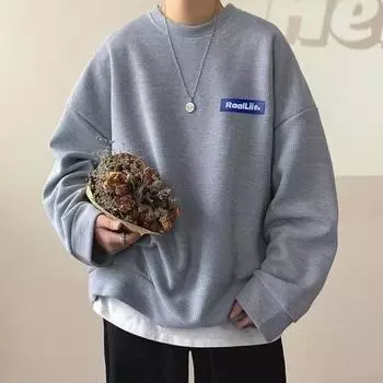 Мужская повседневная толстовка с круглым вырезом и надписью «Tag Decor», однотонный свободный спортивный топ в уличном стиле с вафельной текстурой, длинные рукава, школьный рабочий топ XXXL серый